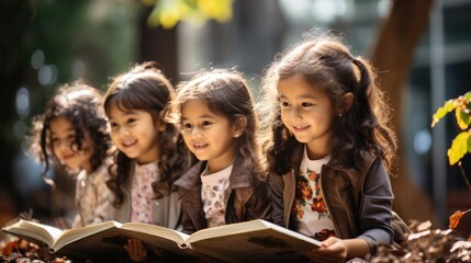 children with books lying in park on grass
