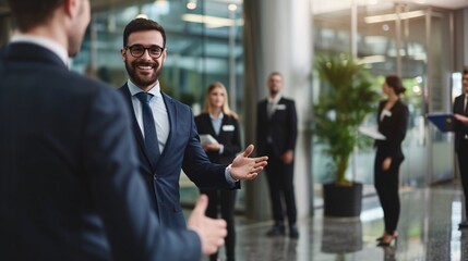 Businessman extending hand to welcome new team member in contemporary workplace with coworkers in the backdrop.