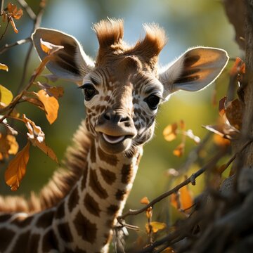 Photo of a baby giraffe calf reaching for leaves. Generative AI