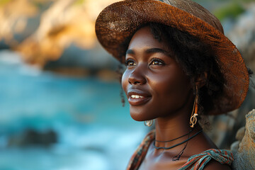 Beautiful young african woman with hat posing outdoors. Close-up of black woman face covered by wide-brimmed hat and dark shades, reclining posture. Suitable for fashion showcases. - obrazy, fototapety, plakaty