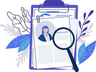 CV, human resource management and hiring banner concept with job candidate resume CV pages under magnifier. Job interview, recruitment agency.