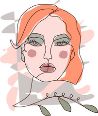 Linear vector illustration. Abstract stylish female portrait in one line on the background of abstract figures