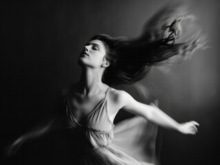 Naklejka premium Black and white portrait of a beautiful young woman with flying hair.