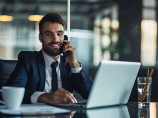 Portrait of handsome young businessman talking on mobile phone while working with laptop in office