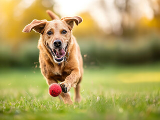 Happy dog running and playing with a ball in the park. Selective focus.