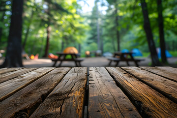 Fototapeta premium Wooden Table Foreground, Blurred Camping Setting Background, Campsite Adventure