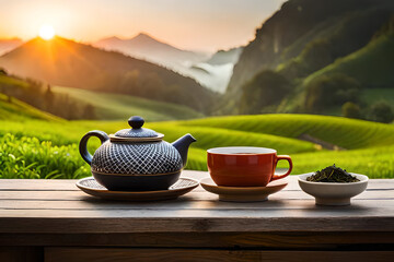 asian tea , healthy infusion and zen nature background - obrazy, fototapety, plakaty