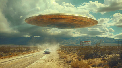 Desert Encounter: Lone Figure and UFO at Dusk