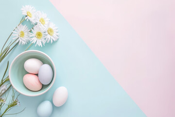 Ester Eggs on a pastel minimalistic backgorund, place for a text, Easter banner 