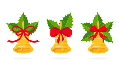 Golden bells with mistletoe leaves and red ribbons. Vector illustration.