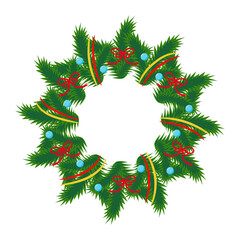 Fototapeta na wymiar Christmas wreath with ribbons, balls and a bow. Vector illustration.