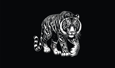 tiger is walking on black background, tiger - obrazy, fototapety, plakaty