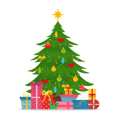 Christmas tree with gift boxes, star and lights. Merry Christmas. Vector illustration.