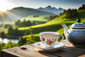Naklejka na ściany i meble asian tea cup set , healthy herbal infusion in asian landscape