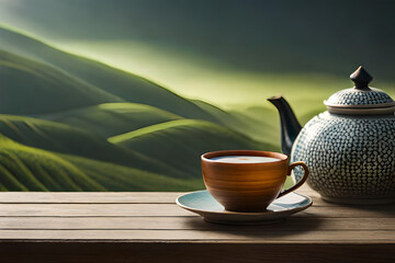 asian tea cup set , healthy herbal infusion in asian landscape - obrazy, fototapety, plakaty