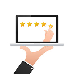 Hand giving a five-star rating on a laptop screen, concept for customer feedback and online review