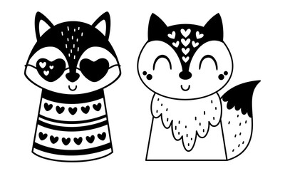 Valentines day clipart. Black and white Valentines fox in cartoon flat style. Vector illustration.