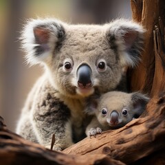 Photo of a baby koala clinging to its mother's back. Generative AI