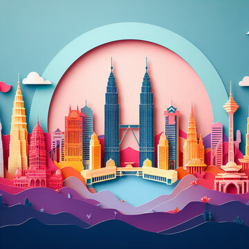 Paper cut of Malaysia landmark, travel and tourism concept, colorful, origami, paper art