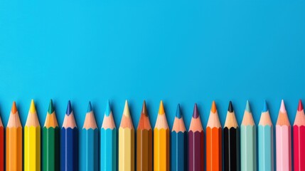 Multicolored drawing pencils crayon on the blue background. AI generated image