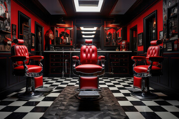 Barber shop interior with red chairs and mirrors. Barbershop concept.
