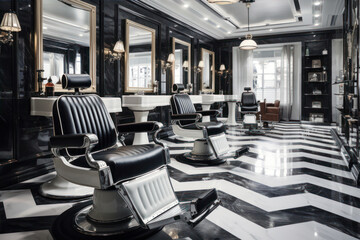 Barber shop interior with black and white tiles and black chairs.