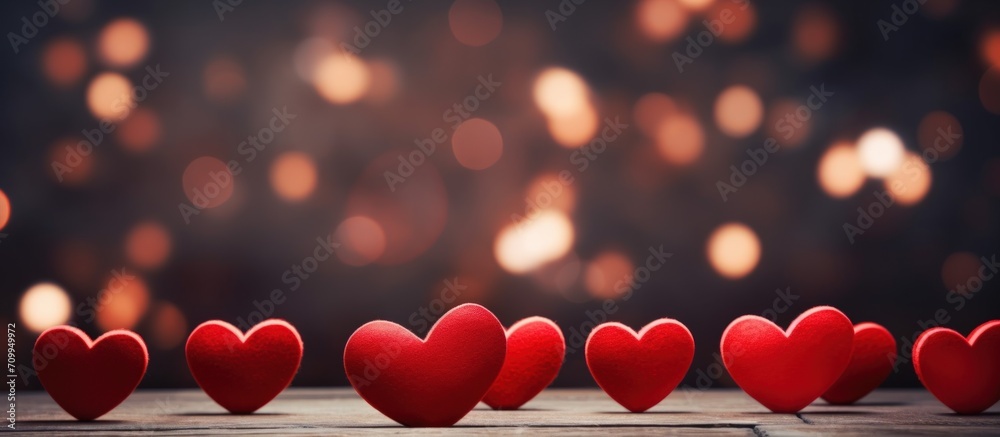 Poster Valentines background - red hearts with lights on the background. Generative AI