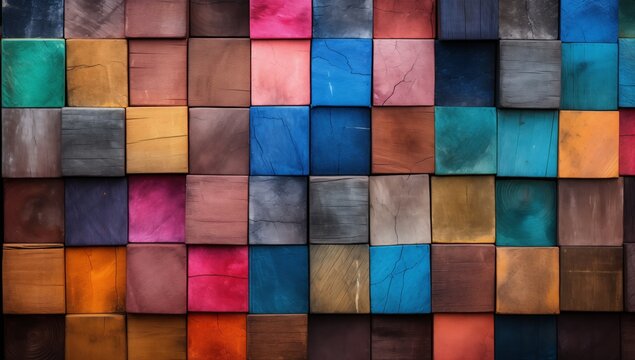 Colorful Wooden Blocks Close-Up: Stacked Stained Wood for Vibrant Background Texture © panumas