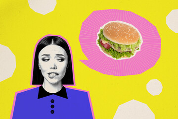 Obraz premium Photo collage young girl looking seductive sandwich hamburger tempting food junk meal unhealthy calories fresh breakfast lunch cafe menu