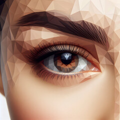 Close up of beautiful womans eye Low poly image on solid white bright background. ai generative