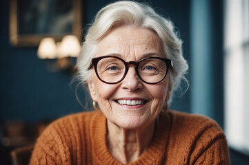 Close-up portrait of gorgeous happy senior lady. Highly detailed image.