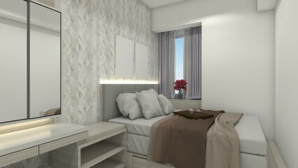 Fototapeta na wymiar Minimalist Bedroom with Simple Headboard Cushion and Wooden Desk Cabinet