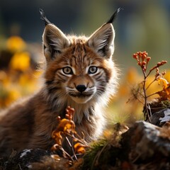 Photo of a baby lynx with tufted ears exploring the wilderness. Generative AI