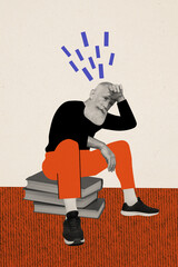 Vertical collage picture of black white colors grandfather sit pile stack book hand wipe sweat...