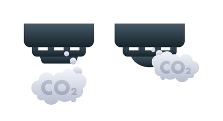 Vector illustration of vehicle exhaust emissions with CO2 clouds representing air pollution and environmental impact