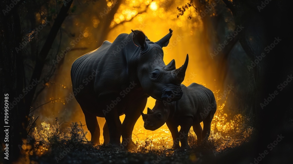 Poster a couple of rhinos standing next to each other on a lush green forest covered in yellow and orange l