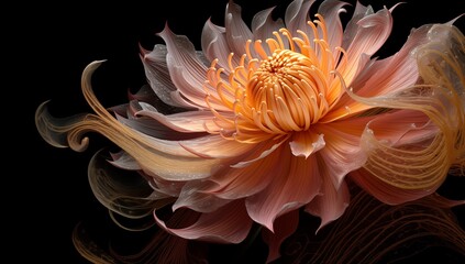 Orange-Gold Style: Light on Dark Flower, Beautiful Pink Flowers on a Dark Background, Illuminated Elegance