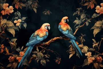 Bird Pattern Wallpaper, Blue, Gold, Multi-Colored Design, Avian-Inspired Background for Interior Decoration