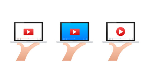 Set of vector illustrations showing hands holding laptops with video player on screen, concept for online media player interface