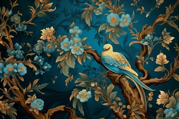 Bird Pattern Wallpaper, Blue, Gold, Multi-Colored Design for Modern Interior Decoration