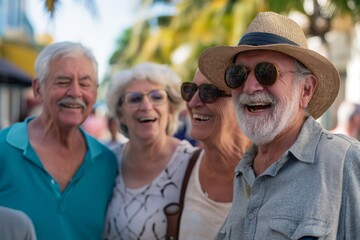 Group of smiling pensioners. Elderly 70 years old friends 