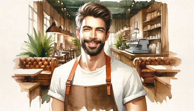 This Is A Stylized Image Of A Man With A Beard And Styled Hair, Wearing A Brown Leather Apron Over A White T-shirt, Smiling In A Sunny, Plant-filled Cafe Setting.