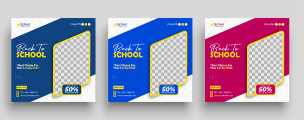 School admission social media post banner design. Back-to-school social media post banner design set. minimalist Back to school admission promotion banner. Back to school banner design ad