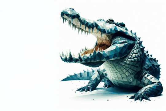 Low poly image of Crocodile on solid white bright background. ai generative