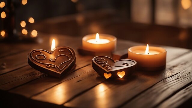 heart shaped candles  A wooden table with sunlight and two wooden hearts. The hearts are decorated with the symbols  