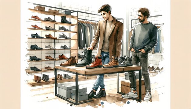 This is a detailed image of two men examining shoes in a well-organized shoe store.