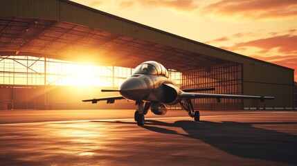 Sunset at the Hangar with a Parked Jet - obrazy, fototapety, plakaty