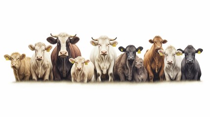  different cattle breeds create a picturesque scene on a spotless white background.