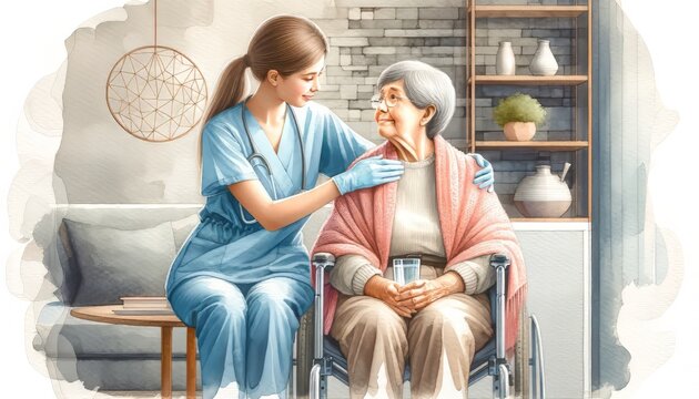 This is a compassionate image of a nurse attending to an elderly woman in a wheelchair in a comfortable living space.