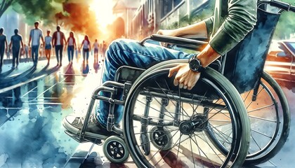 This is a digital watercolor-style artwork depicting a person in a wheelchair from a rear view, with a focus on their arm resting on the wheelchair's wheel.